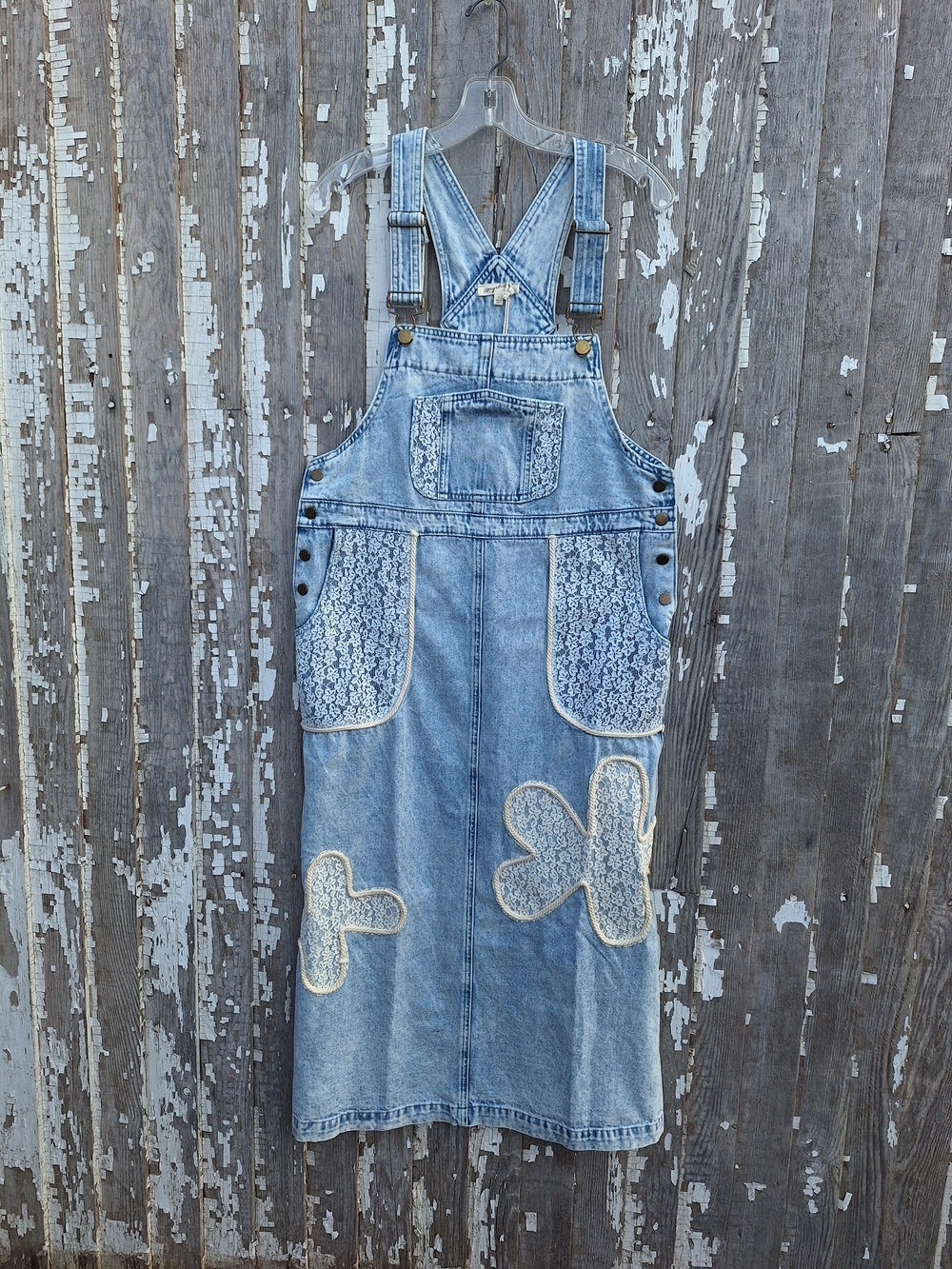 easel Light Blue Denim Lace-Appliqué Overall Dress Size Large - Picture 2 of 8